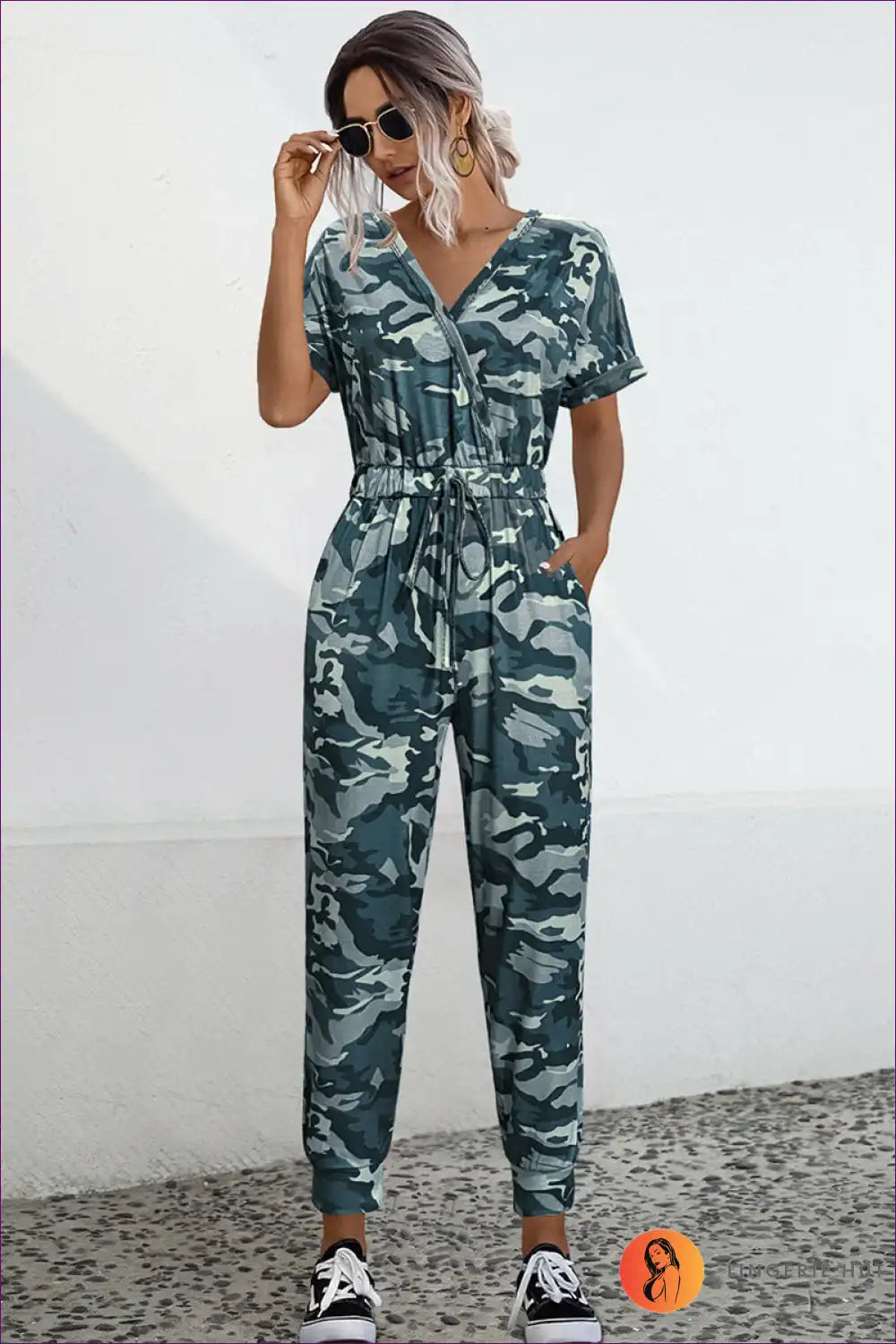 WW | Camo V-Neck Tie-Front Jumpsuit - Effortless Summer Cool