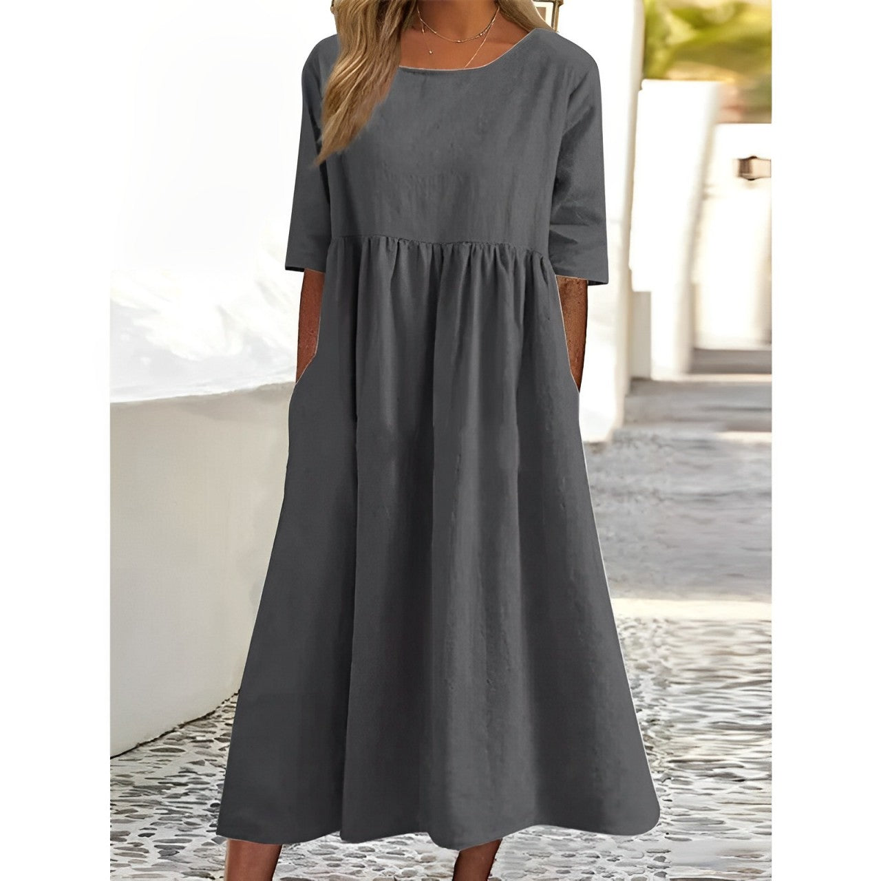 WW | Atmungsaktives Baumwoll Leinen Midi Kleid