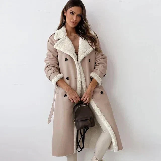 WW | Women's Sheepskin Leather Coat – Long Length – Loose Fit – Double-Breasted Belt Design