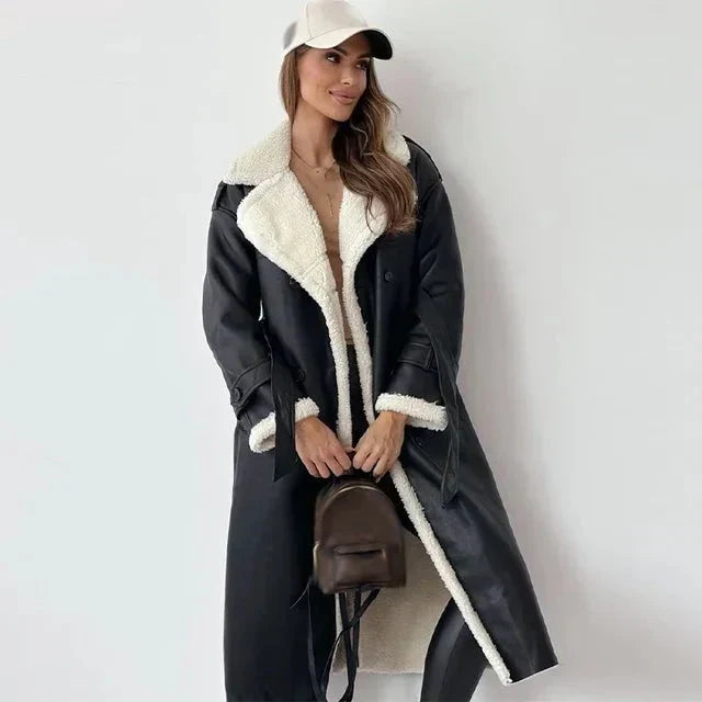 WW | Women's Sheepskin Leather Coat – Long Length – Loose Fit – Double-Breasted Belt Design