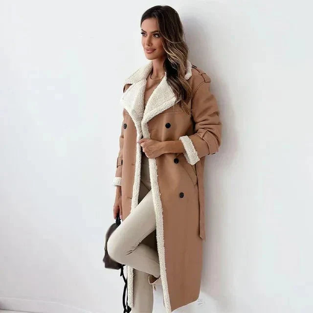 WW | Women's Sheepskin Leather Coat – Long Length – Loose Fit – Double-Breasted Belt Design
