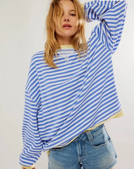 Helen Striped Oversized Sweater with Coastal Flair - Light Blue