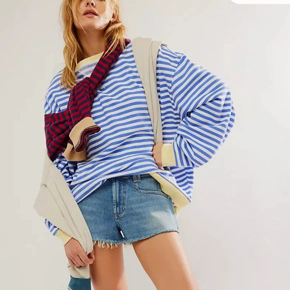 Helen Striped Oversized Sweater with Coastal Flair - Light Blue