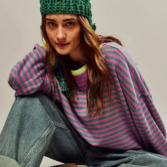 Helen Striped Oversized Sweater with Coastal Flair - Green / Pink