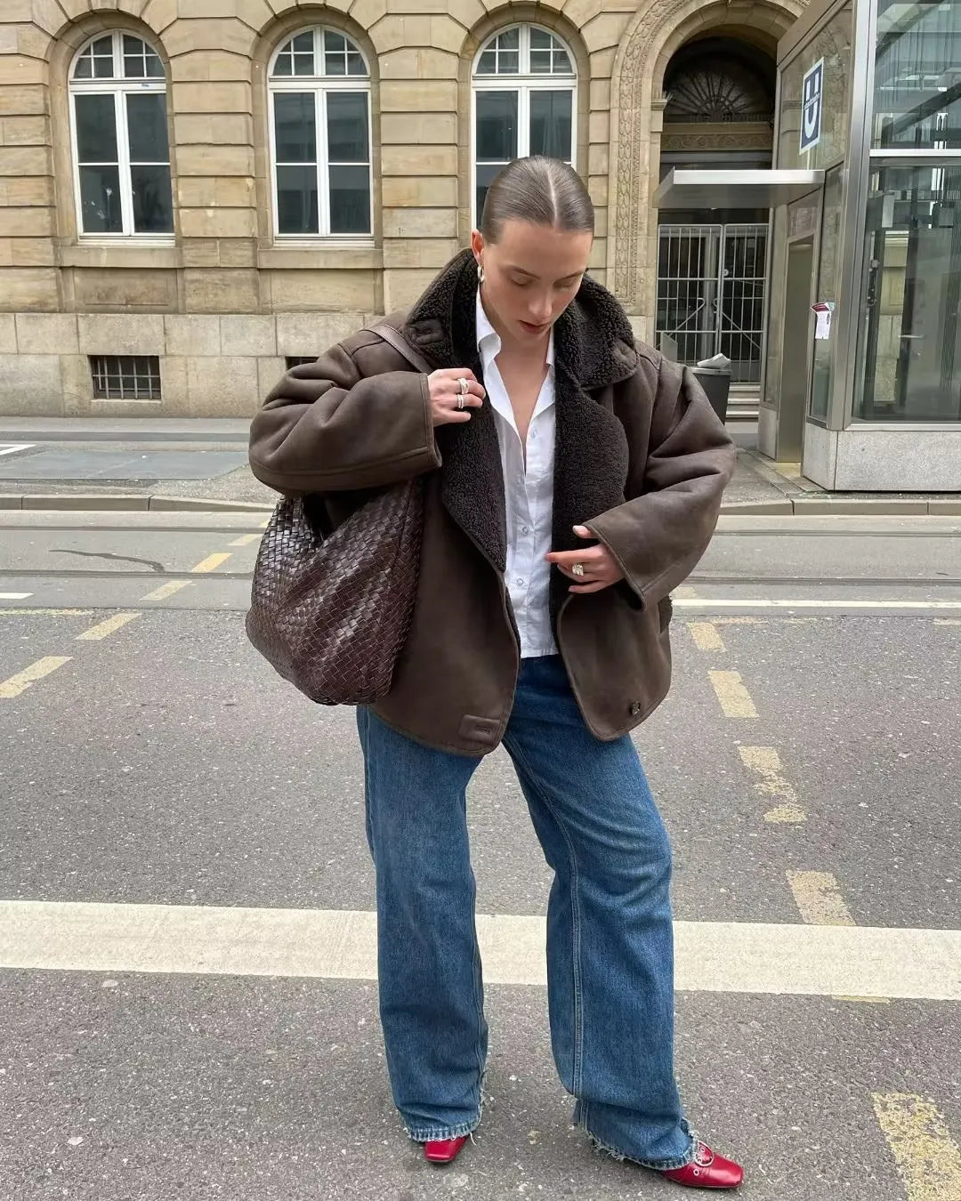 WW | Oversized Brown Leather Winter Jacket with Faux Fur