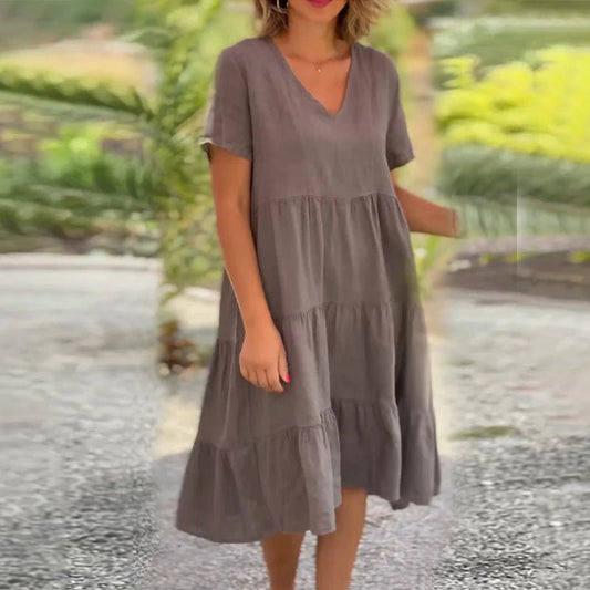 WW | Elegant Linen V-Neck Dress For Women