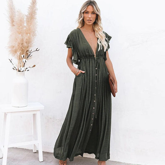 WW | Dark Green V-Neck Dress - Elegant Maxi Dress for Special Occasions