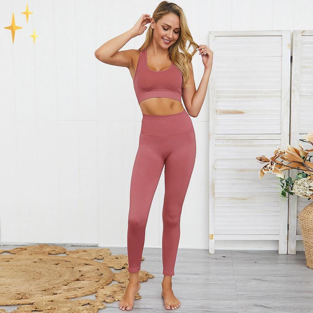 WW | Bunter Stylischer zwei-teiliges Sport-Set Nahtlose Leggings und Sport-BH-Set