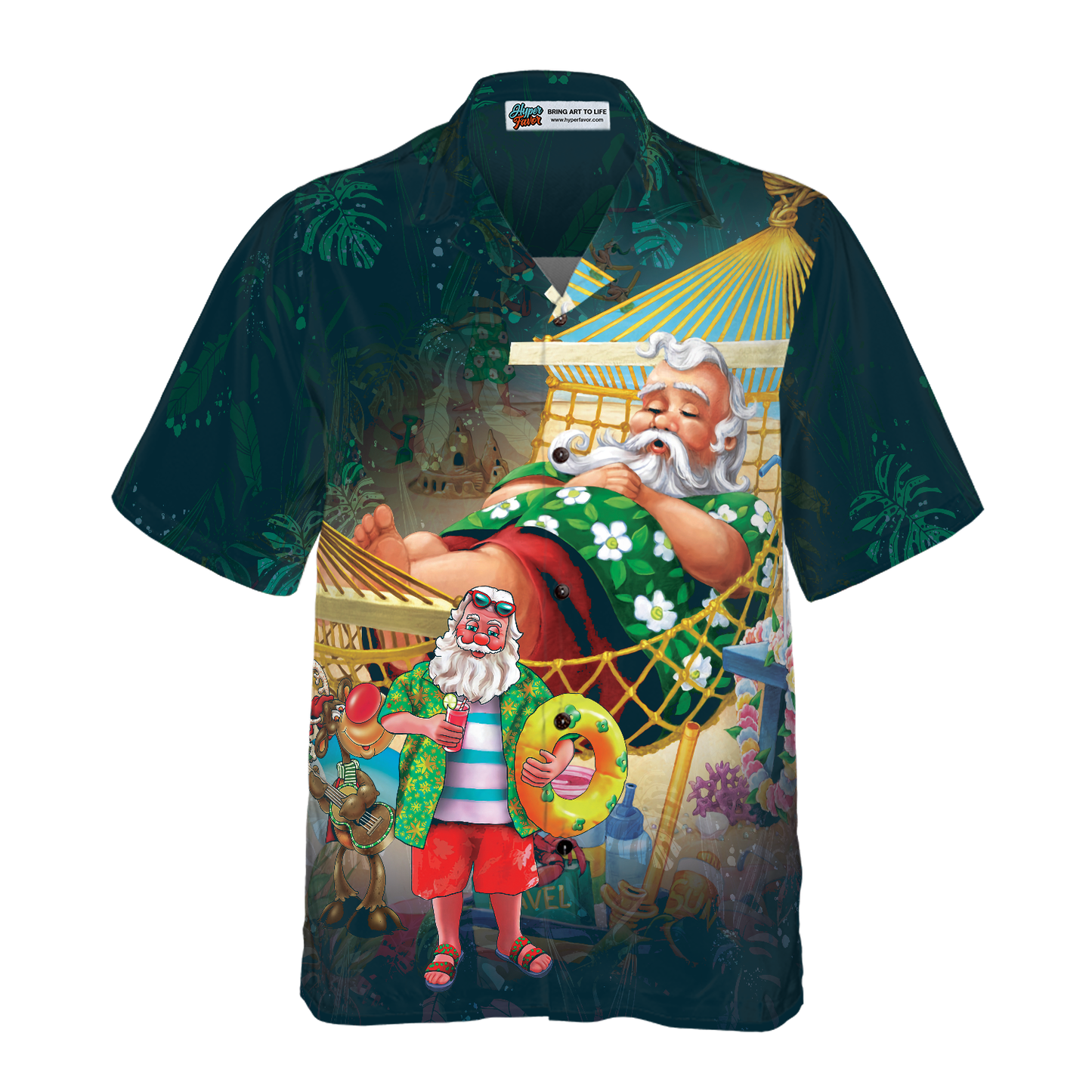WW | Hyperfavor Weihnachts-Hawaiian-Shirts, Weihnachtsmann am Strand Kurzarmhemd, Weihnachtshemd Geschenkidee für Männer und Frauen