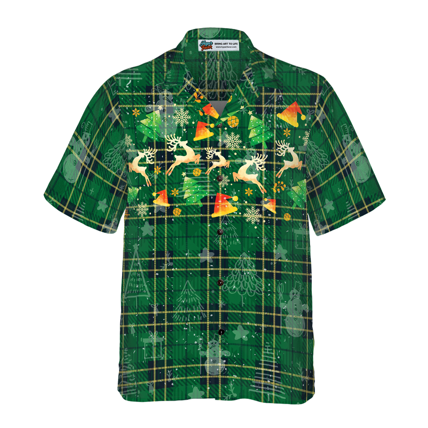 WW | Hyperfavor Weihnachts-Hawaiianhemden für Männer und Frauen, Weihnachts-Rentier grünes Plaid-Muster Hawaiianhemd mit Knopfleiste Kurzarm
