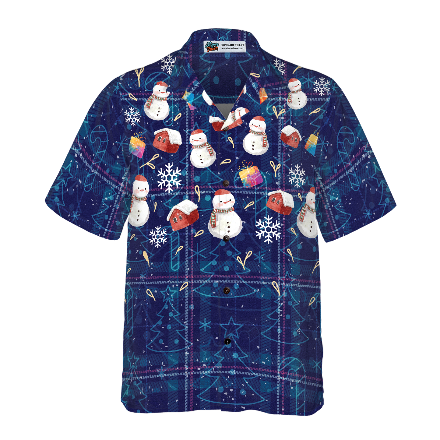 WW | Hyperfavor Weihnachts-Hawaiianhemden, Weihnachts-Schneemann dunkelblau kariertes Musterhemd mit kurzen Ärmeln, Weihnachtshemden Geschenkidee für Männer und Frauen