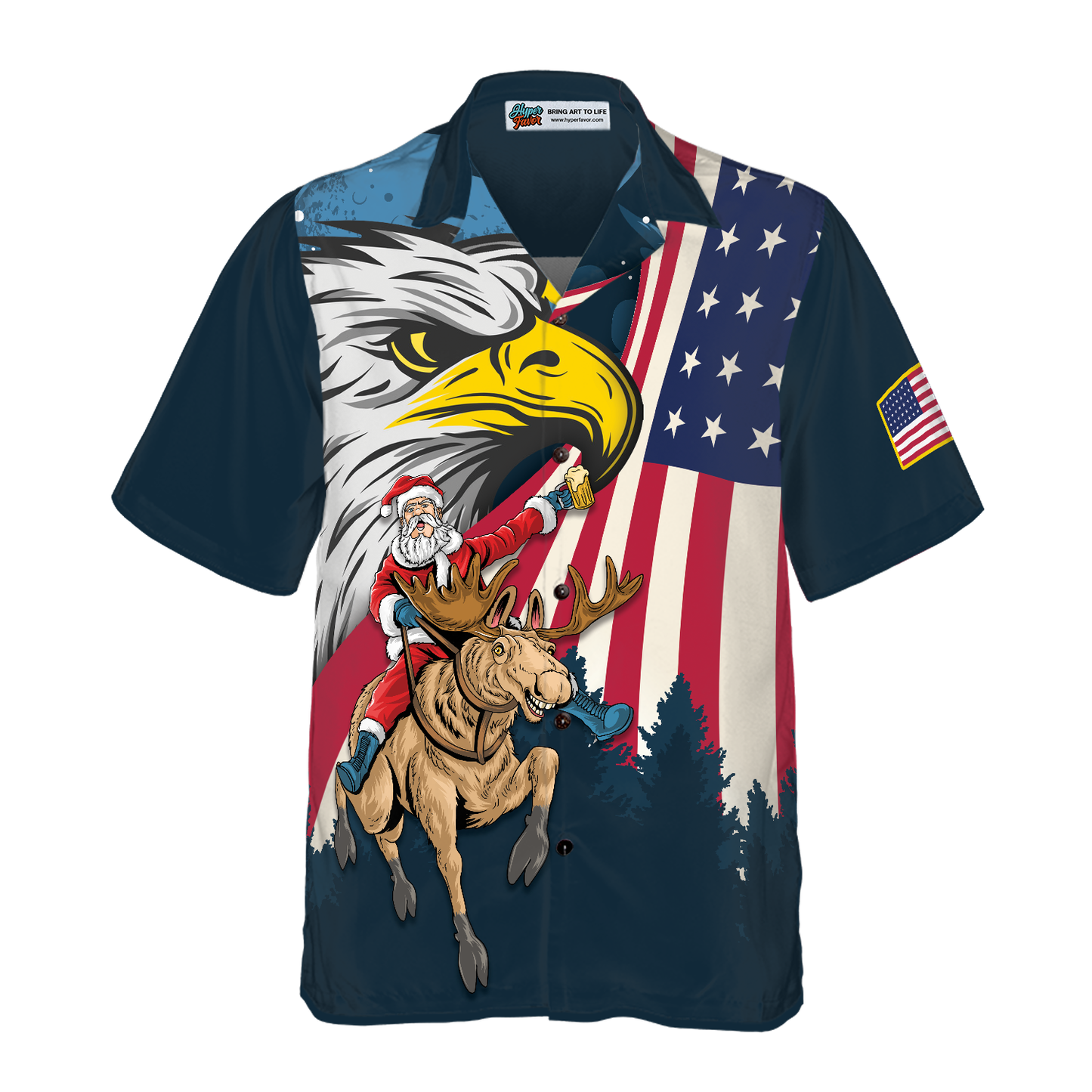 WW | Hyperfavor Weihnachts-Hawaiian-Shirts, Santa mit amerikanischer Flagge 2 Kurzarm-Shirt, Weihnachtshemd-Idee Geschenk für Männer und Frauen