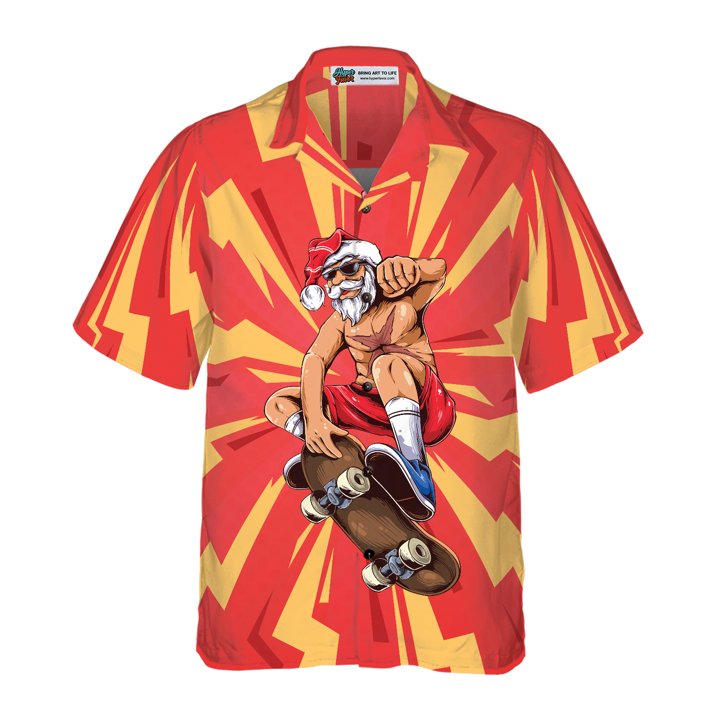WW | Hyperfavor Weihnachten Hawaiian-Shirts für Männer und Frauen, Santa Skateboarder Hawaiian-Shirt Kurzarm Hemd