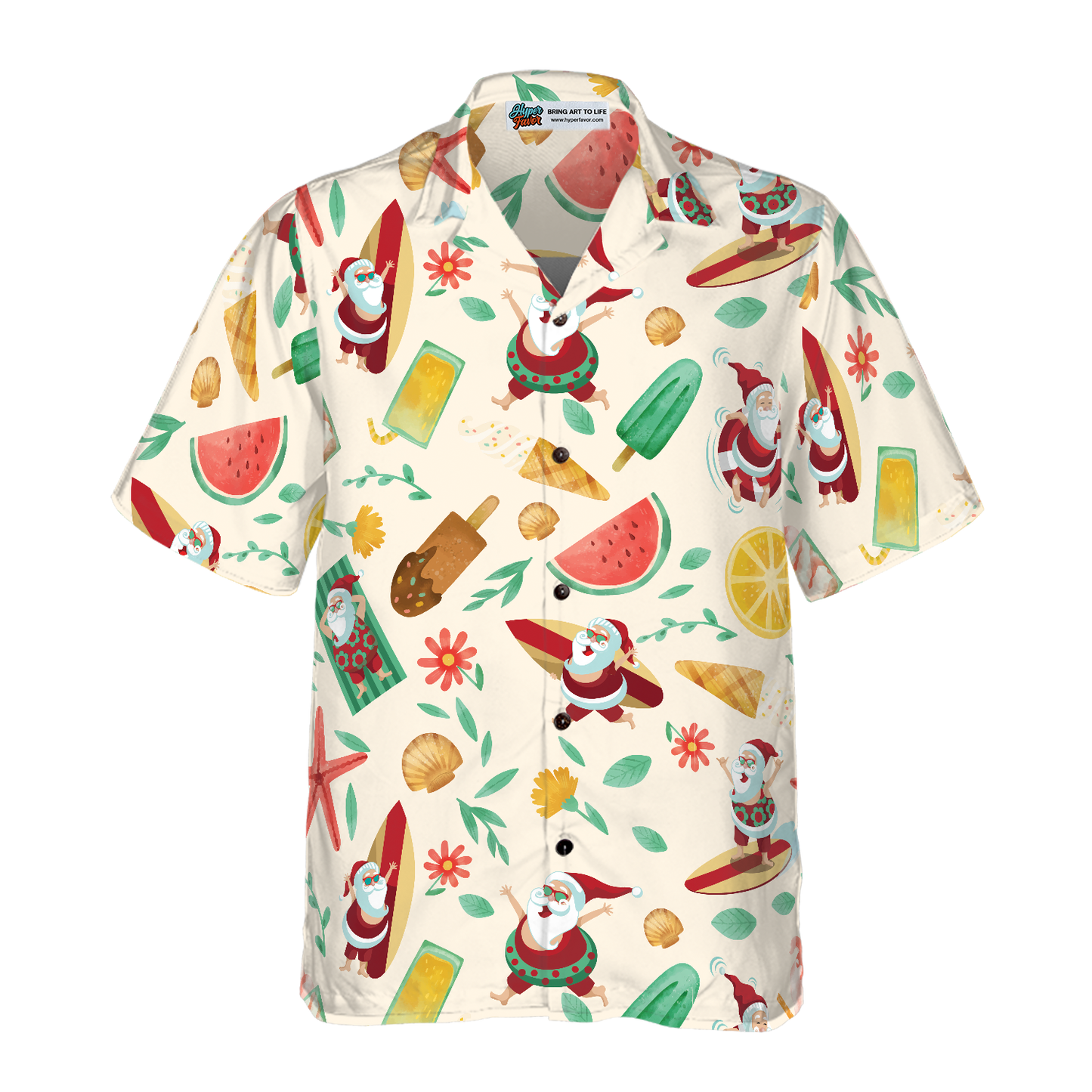 WW | Hyperfavor Santa Surfing 1 Pattern Hawaiian Shirt, Christmas Short Sleeve Button-Down Shirt For Men And Women