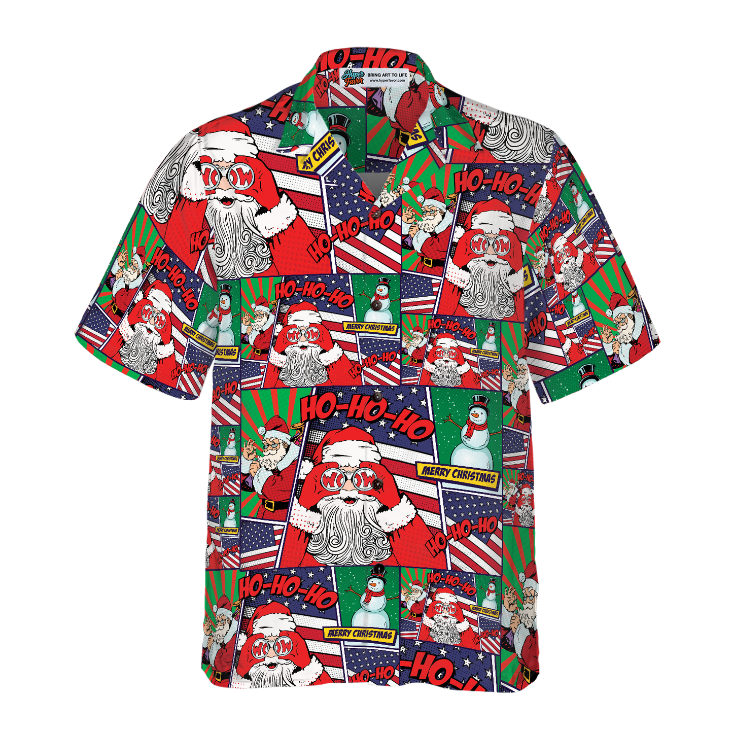 WW | Hawaiian Shirts, Santa with American Flag Comic Style Short Sleeve Shirt, Christmas Shirt Gift Idea for Men and Women
