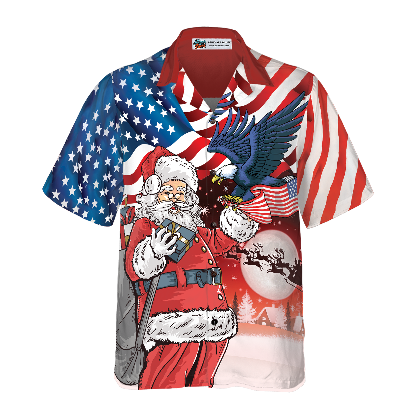 WW | Adler, der auf Santas Hand mit amerikanischer Flagge sitzt, Hawaiiansches Hemd, Weihnachtshemden-Idee Geschenk für Männer und Frauen