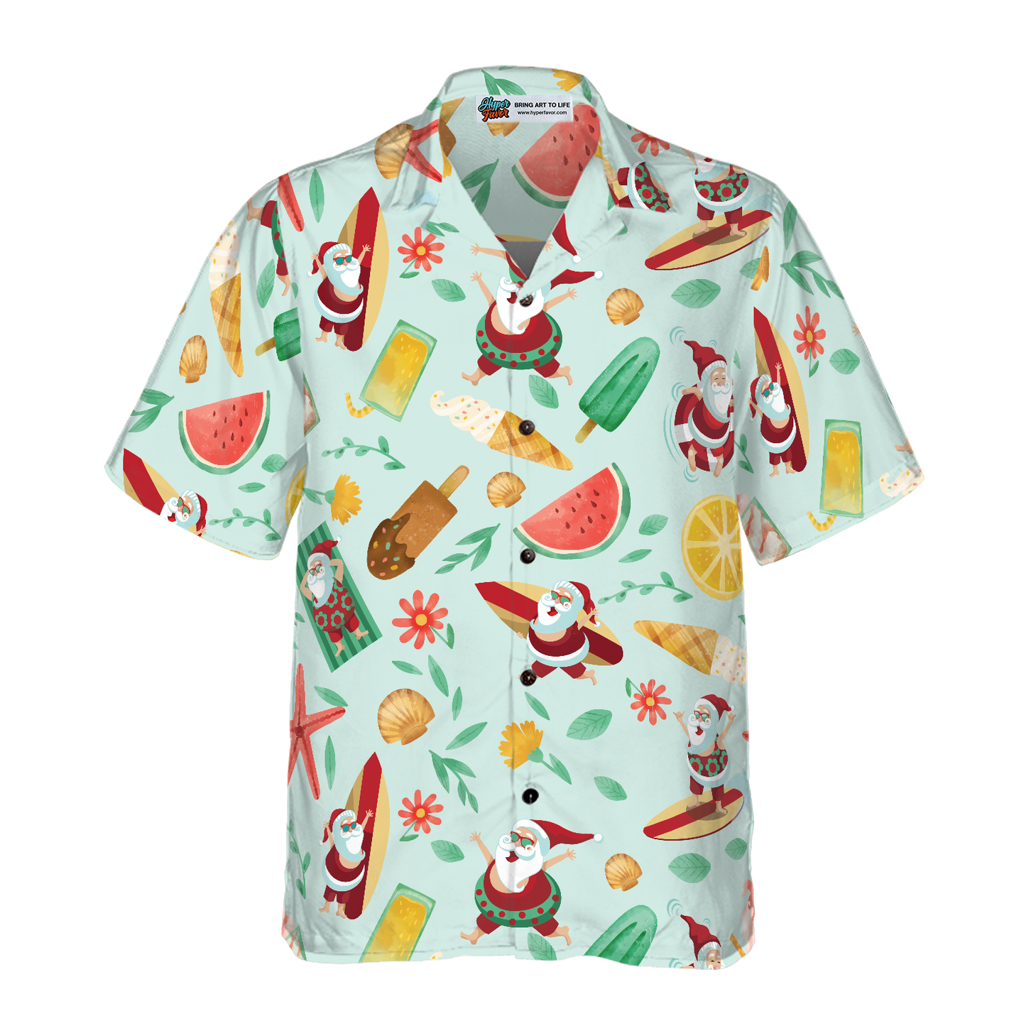 WW | Hyperfavor Santa Surfing 2 Muster Hawaiianhemd, Weihnachtshemden Kurzarm Knopf-down Hemd für Herren und Damen