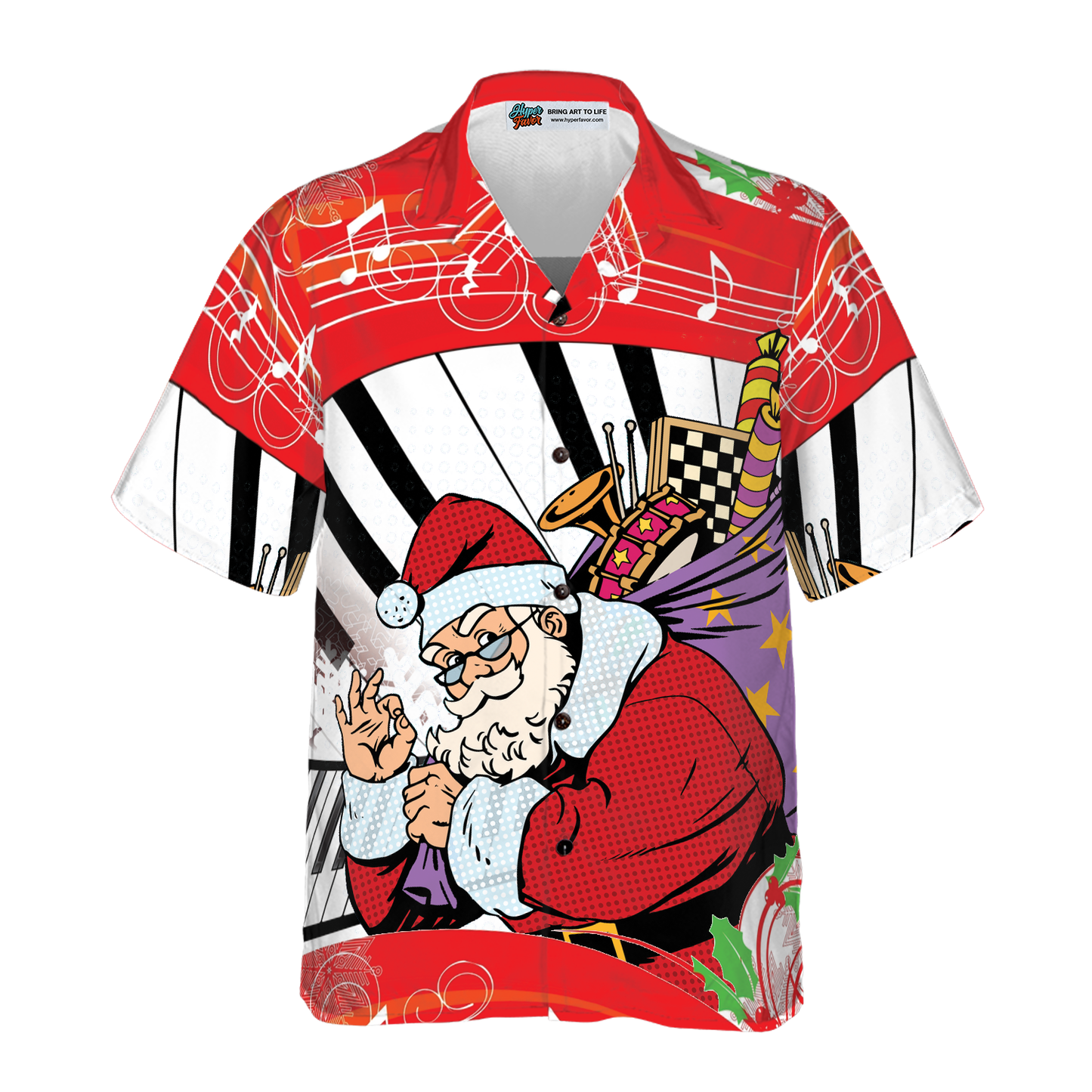 WW | Hyperfavor Weihnachten Hawaiian Shirts, Weihnachtsmann Mit Klavier Hintergrund Kurzarmshirt, Weihnachtshemden Geschenkidee Für Männer Und Frauen