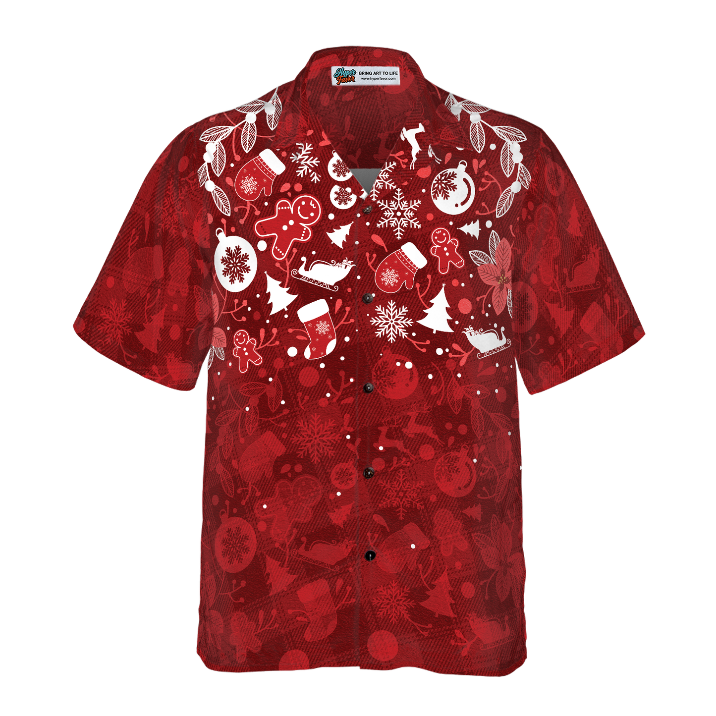 WW | Hyperfavor Weihnachts-Hawaiian-Shirts für Männer und Frauen, Weihnachts-Lebkuchenmann-Hawaiian-Shirt mit Knopfleiste Kurzarm