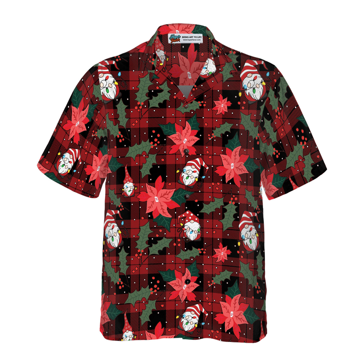 WW | Hyperfavor Christmas Hawaiian Shirts, Red Plaid Gnome Short Sleeve Shirt, Christmas Shirts Gift Idea for Men and Women