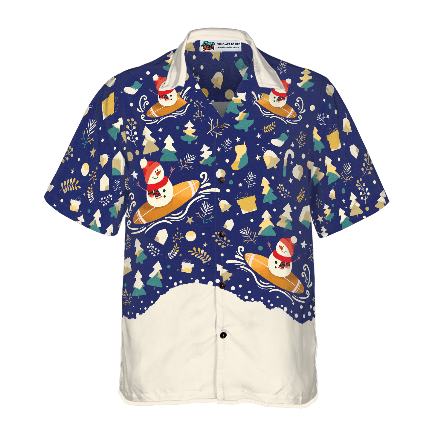 WW | Hyperfavor Weihnachten Schneemann Surfen Hawaiian Hemd, Weihnachtshemden Kurzarm Button-Down-Hemd für Männer und Frauen