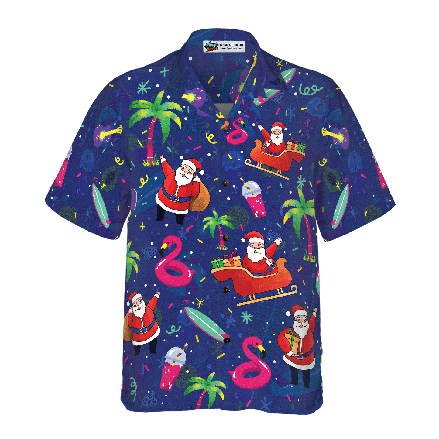 WW | Hyperfavor Weihnachts-Hawaiian-Shirts, Santa Flamingo tropisches Mustershirt Kurzarm, Weihnachtshemd Geschenkidee für Männer und Frauen