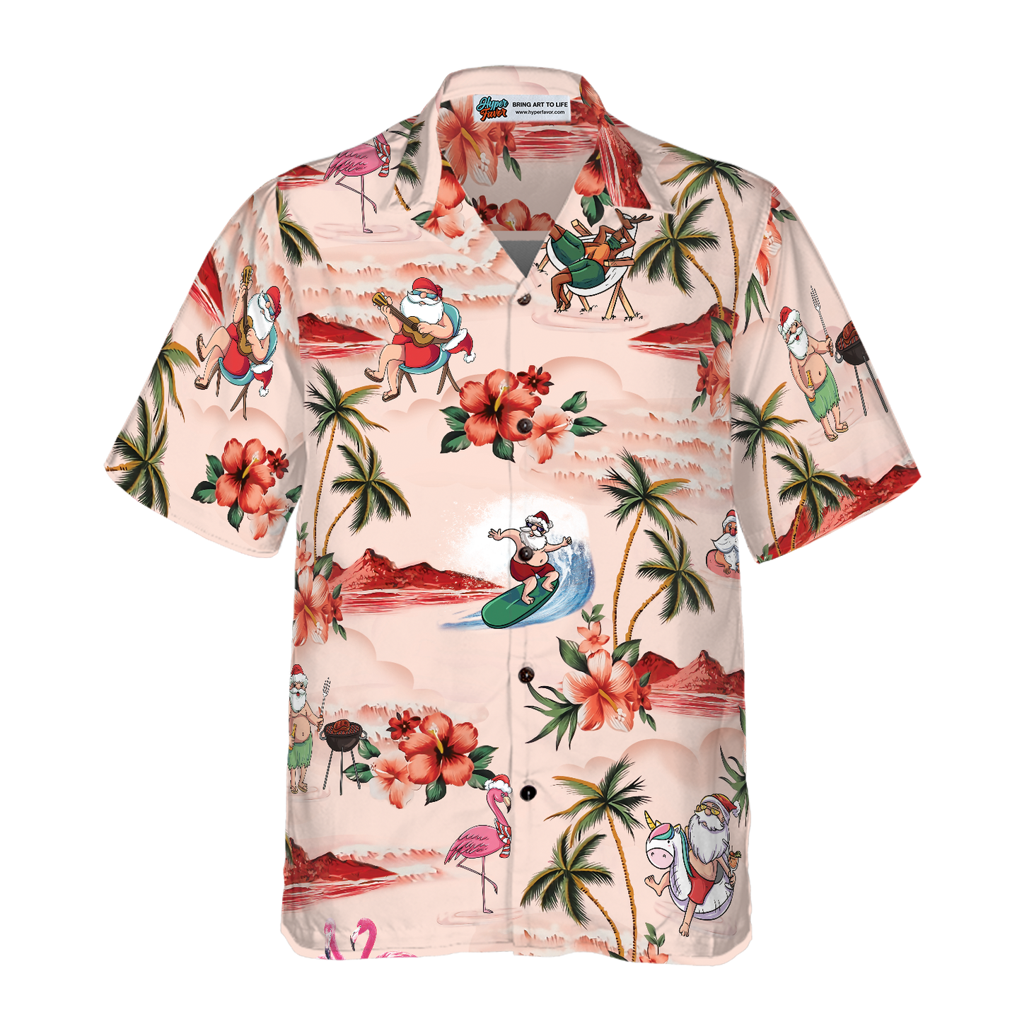 WW | Hyperfavor Weihnachts-Hawaiian-Shirts für Männer und Frauen, Santa Strand Weihnachtsmuster Hawaiian Shirt Button-Down-Shirt Kurzarm