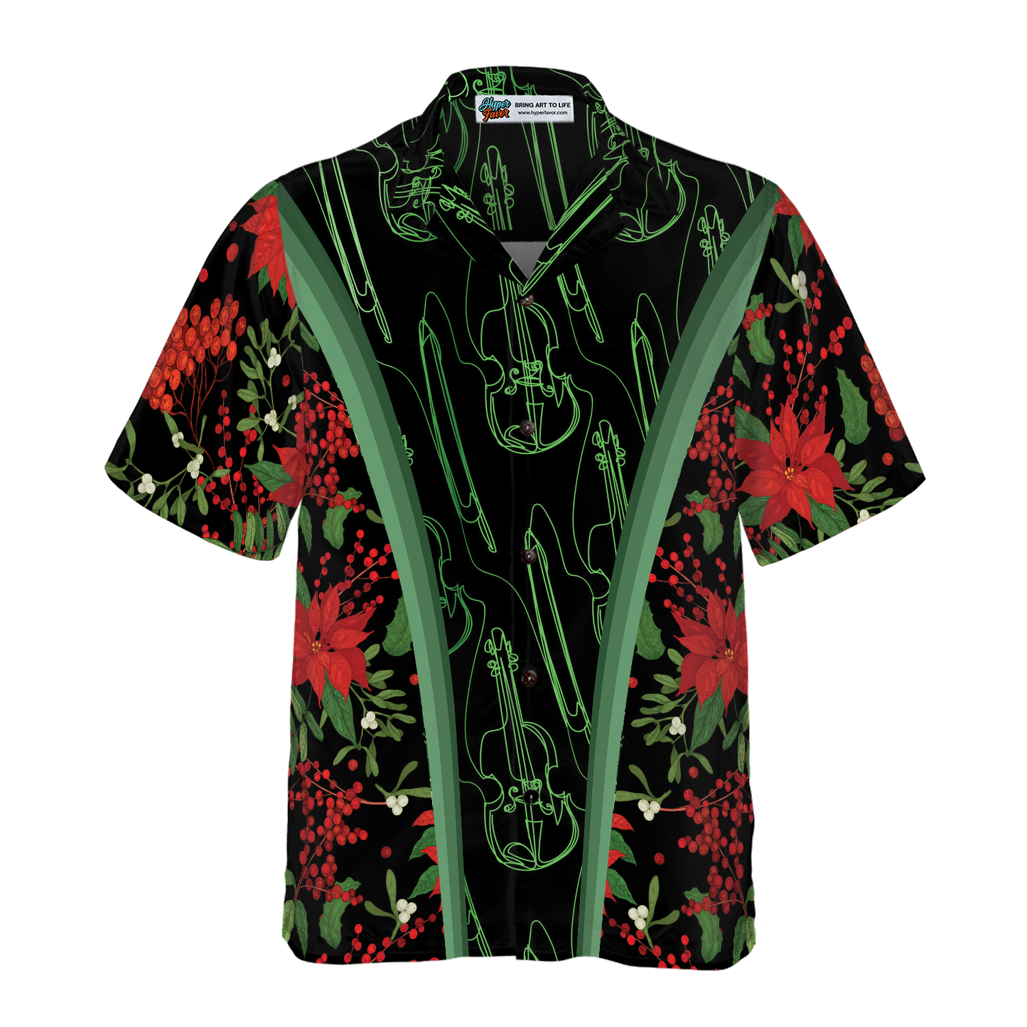 WW | Hyperfavor Christmas Hawaiian Shirts, Christmas Fiddle Music Pattern Shirt Short Sleeve, Christmas Shirt Gift Idea for Men and Women