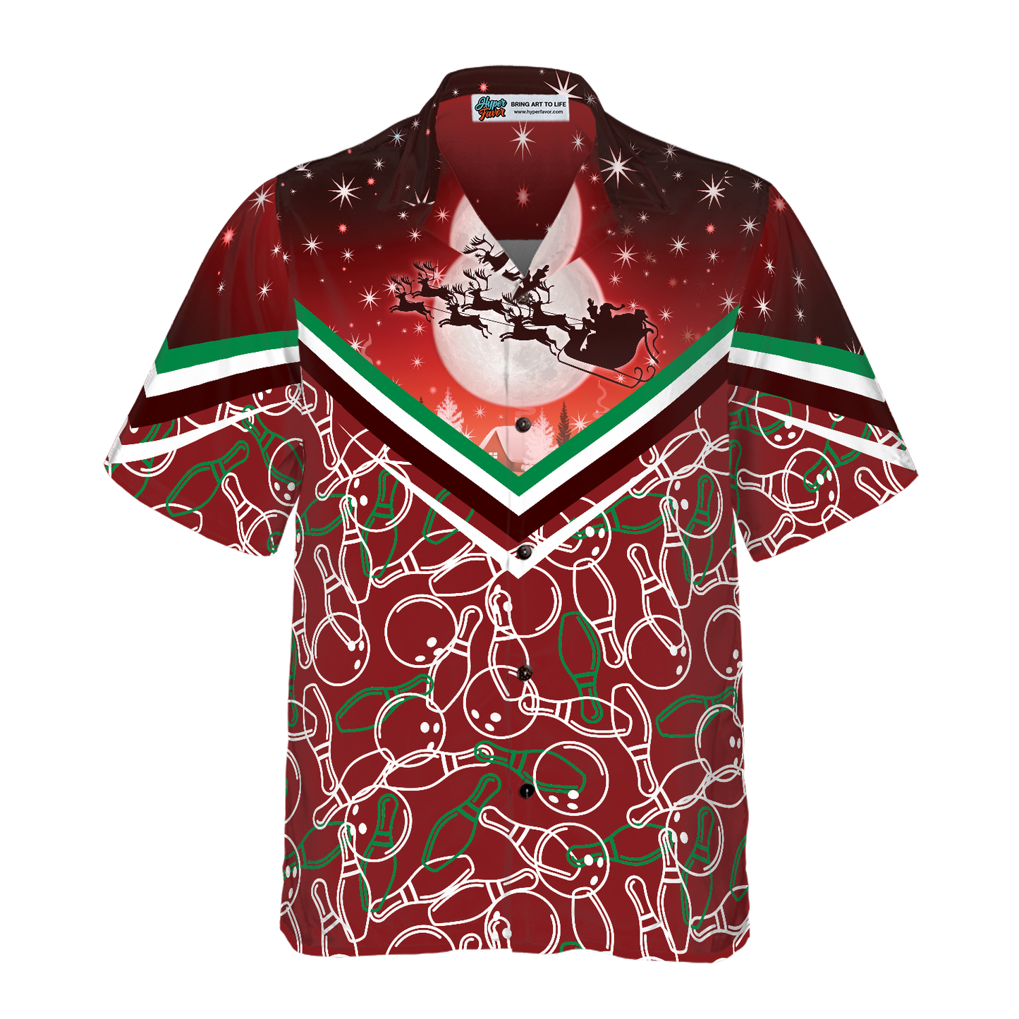 WW | Hyperfavor Weihnachts-Hawaiian-Shirts, Weihnachtsnacht mit Bowling-Muster Shirt Kurzarm, Weihnachts-Shirt Geschenkidee für Männer und Frauen