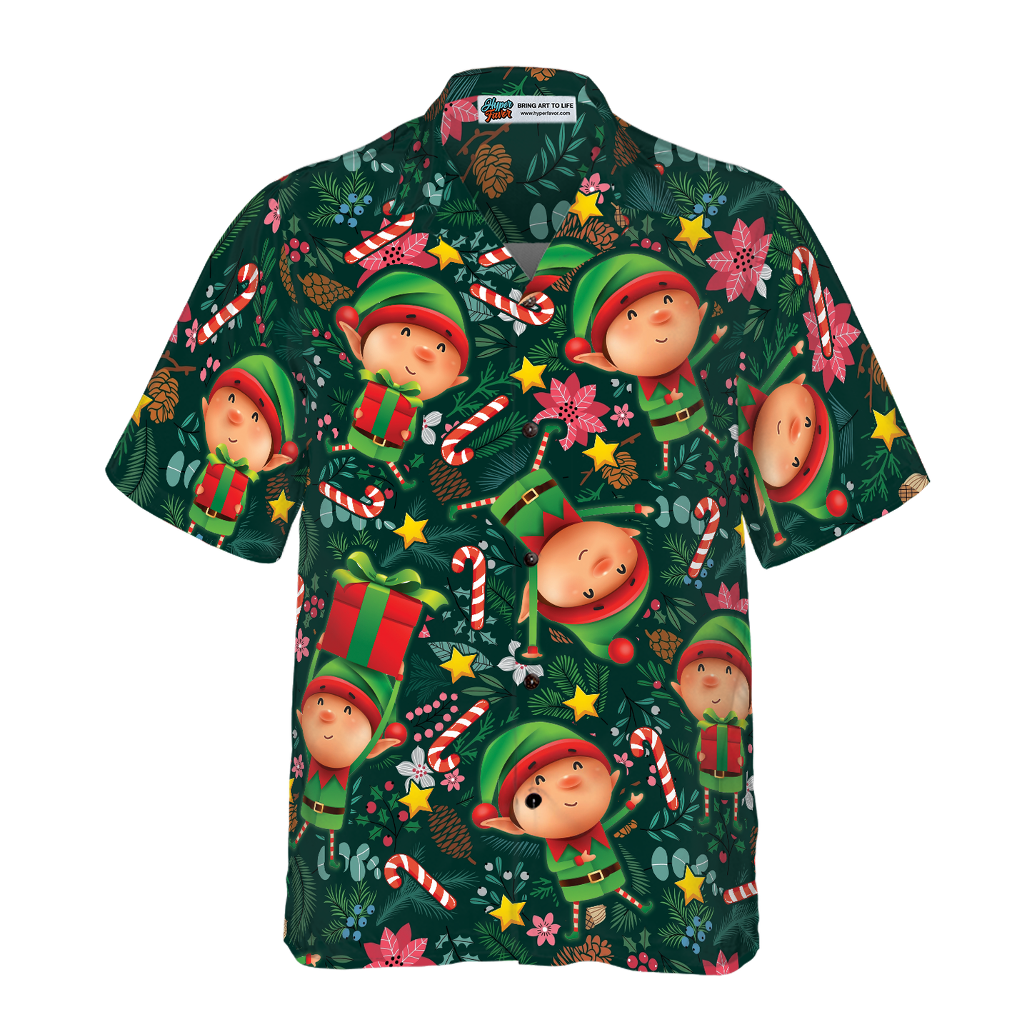 WW | Hyperfavor Weihnachts-Hawaiianhemden, Das Weihnachts-Elf Mit Dunkelgrünem Muster Kurzarmhemd, Weihnachtshemd Geschenkidee Für Männer Und Frauen