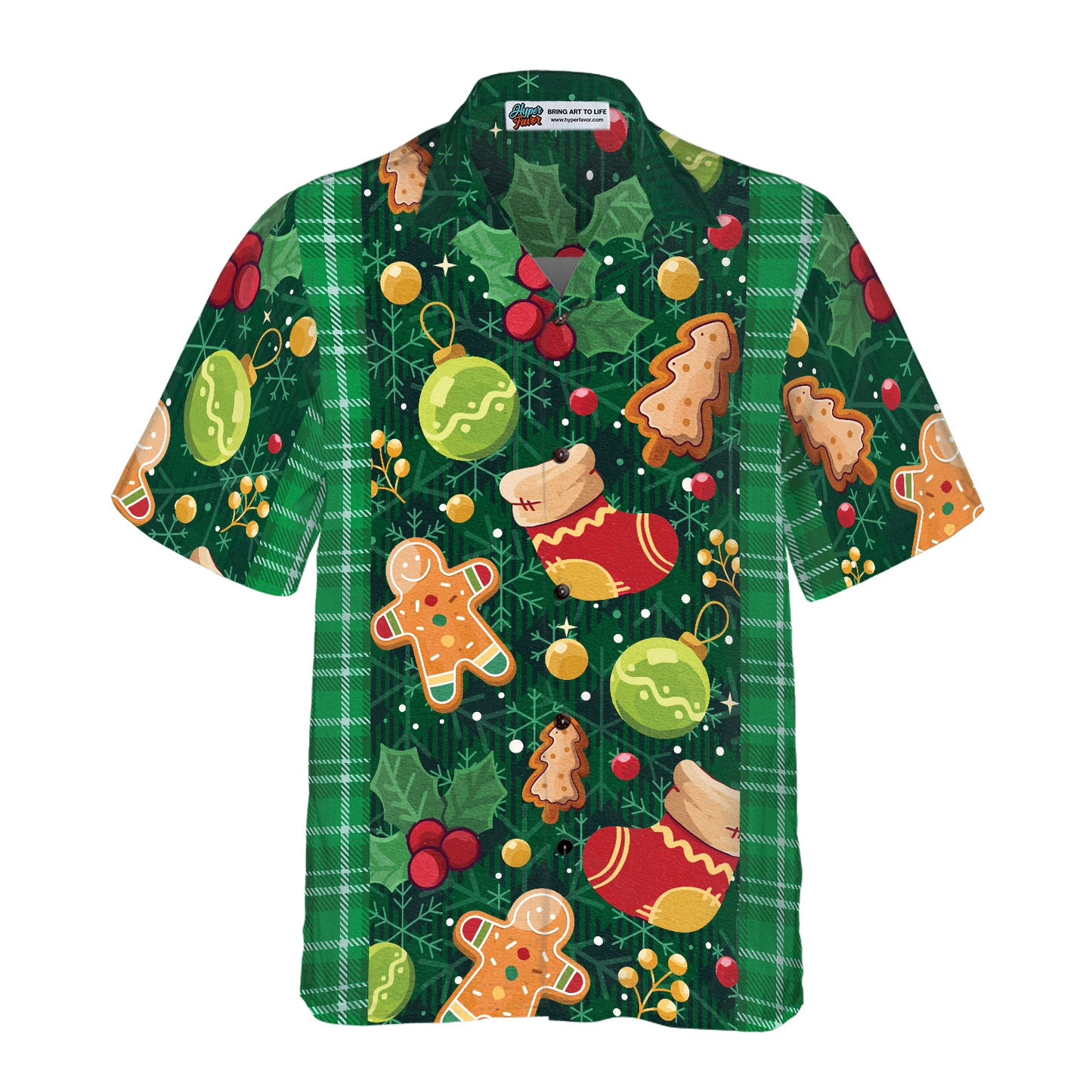 WW | Hyperfavor Weihnachtsgrün Plaid Muster Hawaiian Shirt, Weihnachtshemden Kurzarm Button-Down Shirt für Männer und Frauen