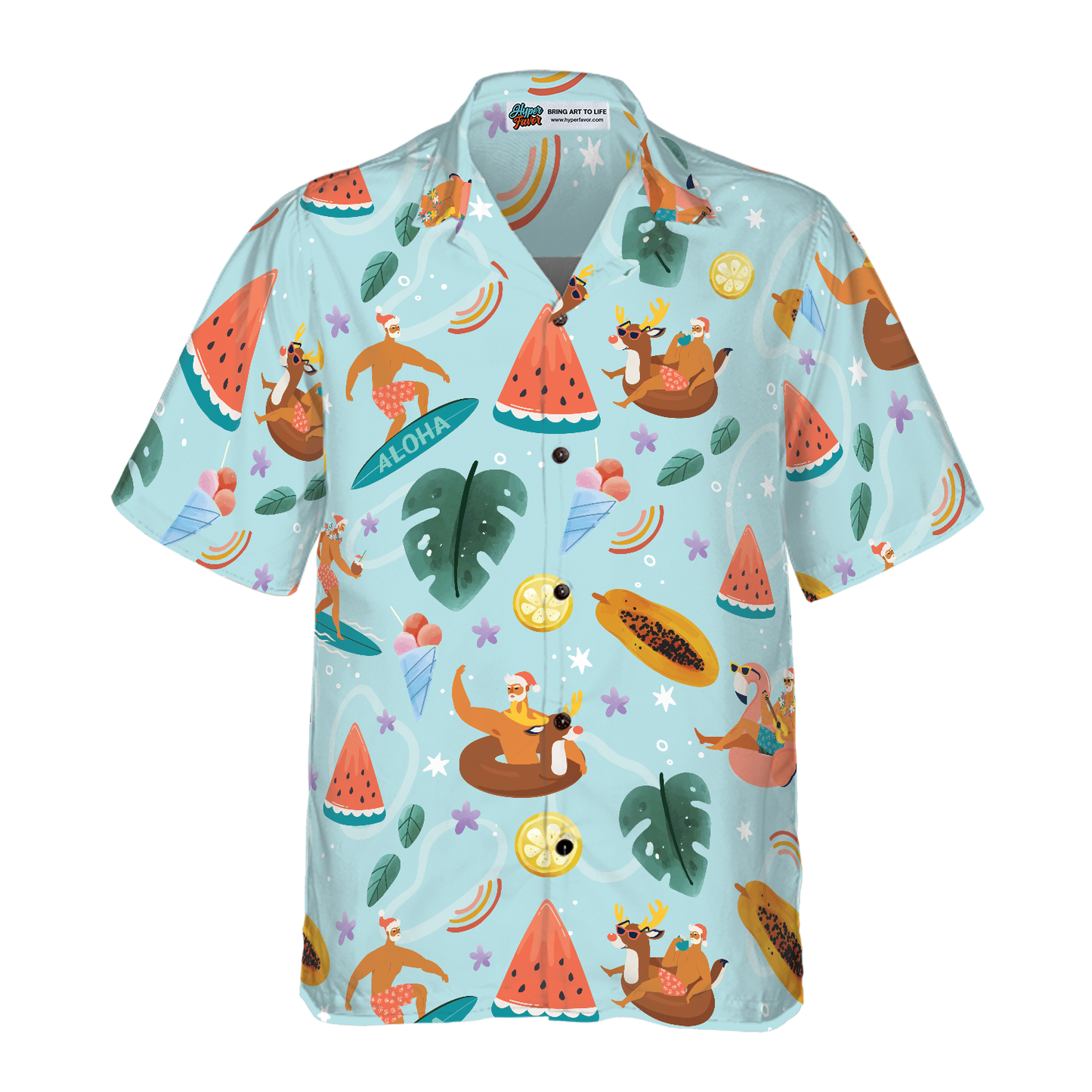 WW | Hyperfavor Santa Beach 2 Muster Hawaiihemd, Weihnachtshemden Kurzarm Button-Down-Hemd für Männer und Frauen