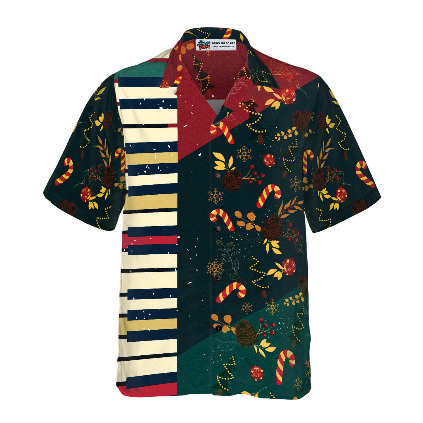 WW | Hyperfavor Weihnachtsmuster mit Klavier Hawaii-Hemd, Weihnachtshemden Kurzarm Button-Down-Hemd für Männer und Frauen
