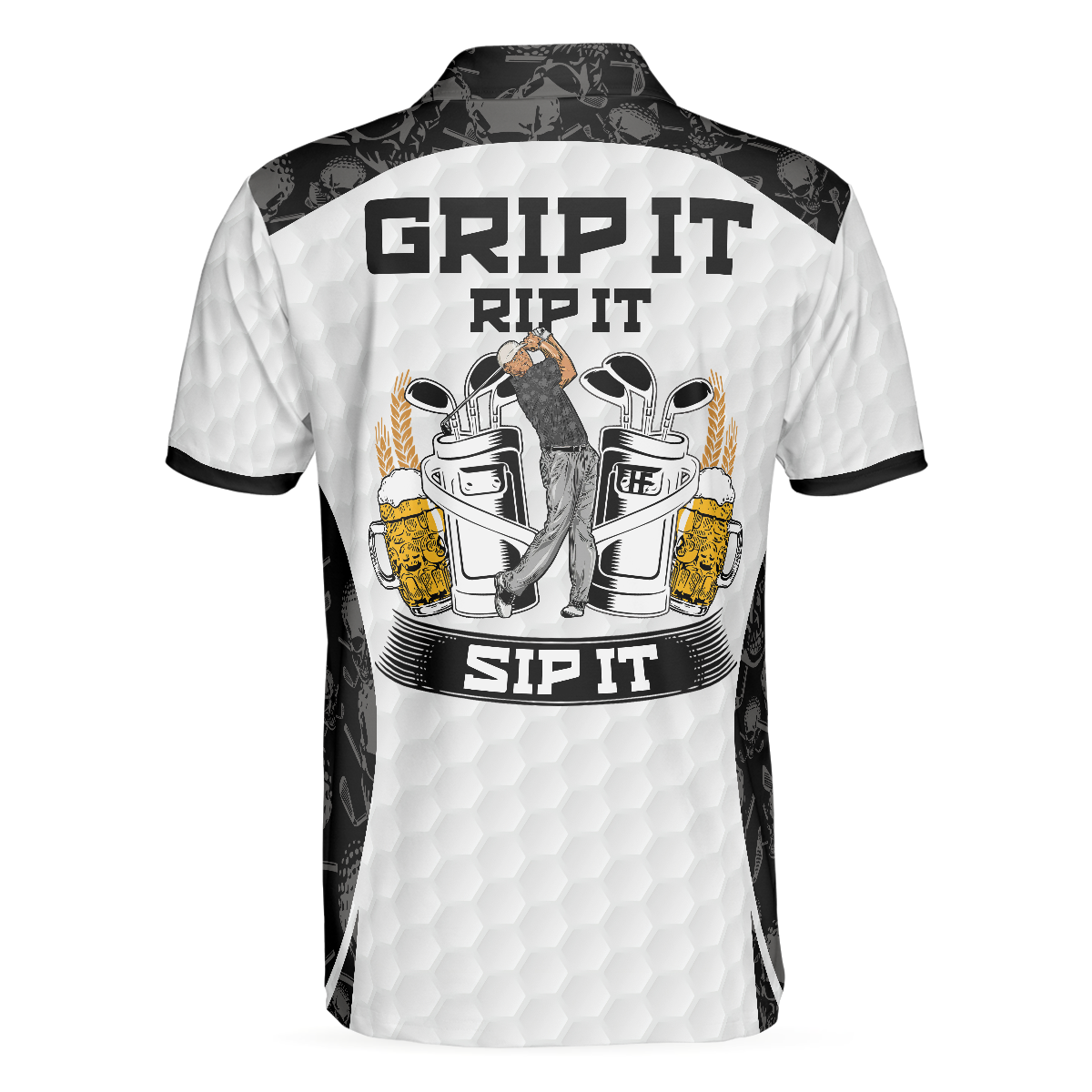 WW | Grip It Rip It Sip It Golf Weißes Polohemd, Totenkopf-Musterhemd für Weihnachten, Gruselige Geschenkidee für Golfer