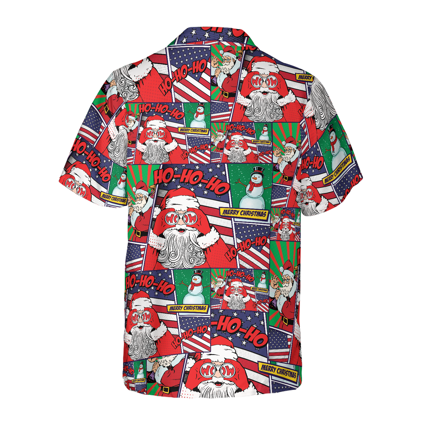 WW | Hawaiian Shirts, Santa with American Flag Comic Style Short Sleeve Shirt, Christmas Shirt Gift Idea for Men and Women
