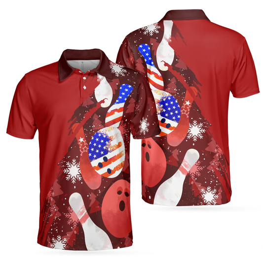 WW | American Flag Christmas Bowling Ball and Pins Men's Polo Shirts