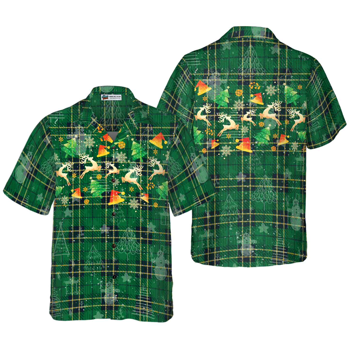 WW | Hyperfavor Weihnachts-Hawaiianhemden für Männer und Frauen, Weihnachts-Rentier grünes Plaid-Muster Hawaiianhemd mit Knopfleiste Kurzarm