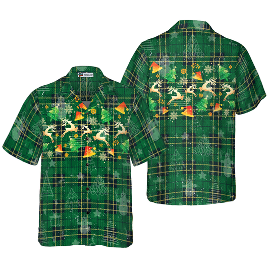WW | Hyperfavor Weihnachts-Hawaiianhemden für Männer und Frauen, Weihnachts-Rentier grünes Plaid-Muster Hawaiianhemd mit Knopfleiste Kurzarm