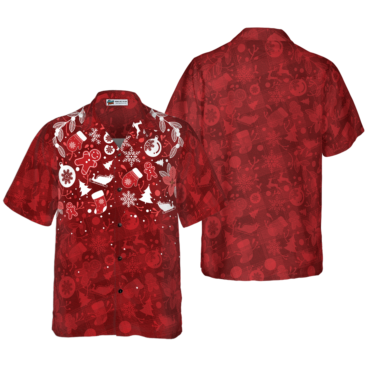 WW | Hyperfavor Weihnachts-Hawaiian-Shirts für Männer und Frauen, Weihnachts-Lebkuchenmann-Hawaiian-Shirt mit Knopfleiste Kurzarm