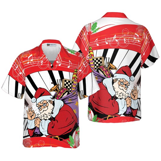 WW | Hyperfavor Christmas Hawaiian Shirts, Santa Claus With Piano Background Short-Sleeve Shirt, Christmas Shirt Gift Idea For Men And Women