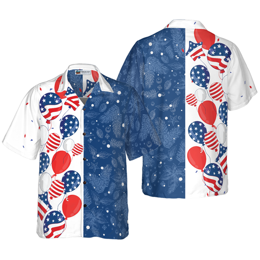 WW | Hyperfavor Christmas USA Balloons Pattern Hawaiian Shirt, Christmas Short-Sleeve Button-Down Shirt for Men and Women