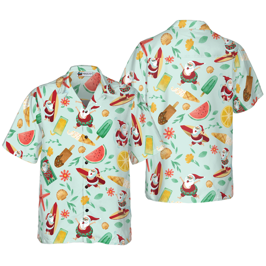 WW | Hyperfavor Santa Surfing 2 Pattern Hawaiian Shirt, Christmas Short Sleeve Button Down Shirt for Men and Women