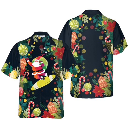 WW | Hyperfavor Christmas Santa Surfing Hawaiian Shirt, Christmas Short Sleeve Button-Down Shirt for Men and Women