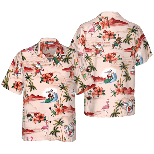 WW | Hyperfavor Christmas Hawaiian Shirts for Men and Women, Santa Beach Christmas Pattern Hawaiian Shirt Button-Down Short Sleeve