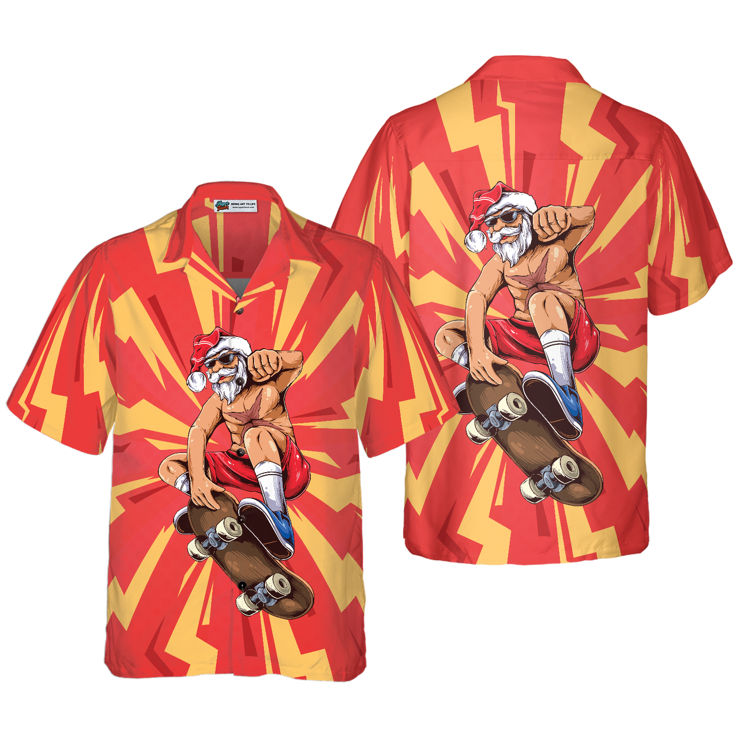 WW | Hyperfavor Weihnachten Hawaiian-Shirts für Männer und Frauen, Santa Skateboarder Hawaiian-Shirt Kurzarm Hemd
