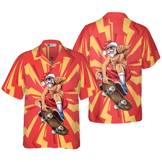 WW | Hyperfavor Christmas Hawaiian Shirts for Men and Women, Santa Skateboarder Hawaiian Shirt Short Sleeve Shirt