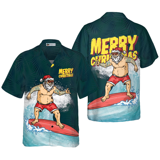 WW | Hyperfavor Christmas Hawaiian Shirts, Surfing Santa Merry Christmas Short Sleeve Shirt, Christmas Shirts Gift Idea for Men and Women