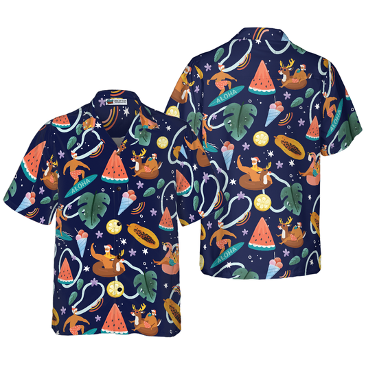 WW | Hyperfavor Santa Beach 1 Pattern Hawaiian Shirt, Christmas Shirts Short Sleeve Button-Down Shirt for Men and Women