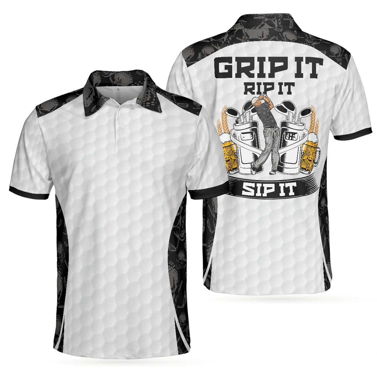 WW | Grip It Rip It Sip It Golf Weißes Polohemd, Totenkopf-Musterhemd für Weihnachten, Gruselige Geschenkidee für Golfer