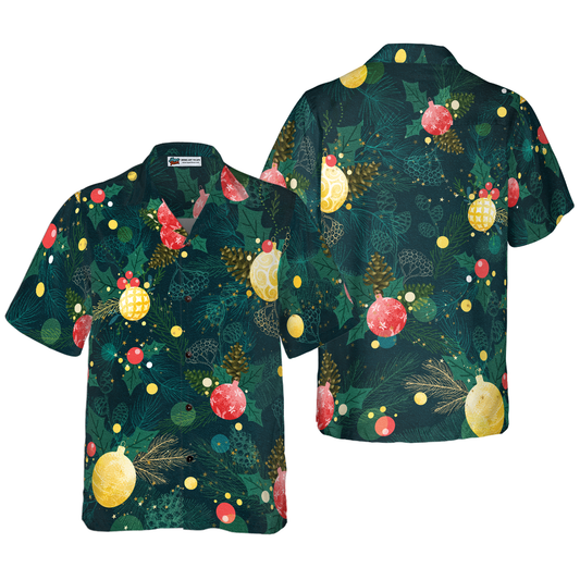WW | Hyperfavor Christmas Hawaiian Shirts, Christmas Tree Ornament Pattern Shirt Short Sleeve, Christmas Shirt Gift Idea for Men and Women